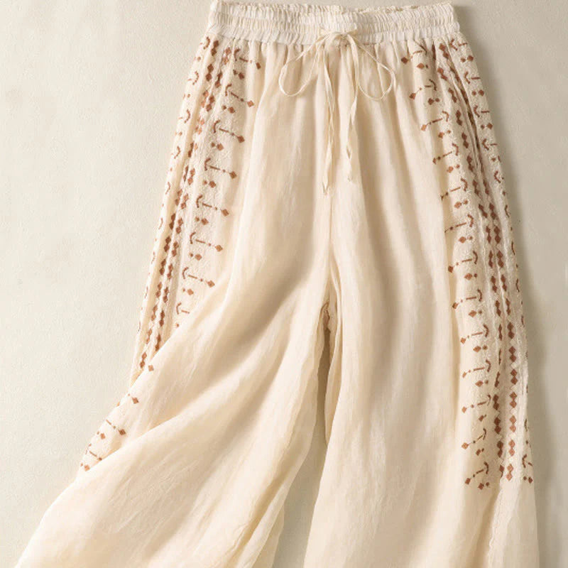 Buddha Stones Ethnic Embroidery Drawstring Cotton Linen Women's High Waist Wide Leg Pants With Pockets