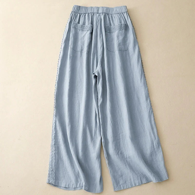 Buddha Stones Plain Color Lace Stitching Cotton Linen Women's Wide Leg Pants With Pockets