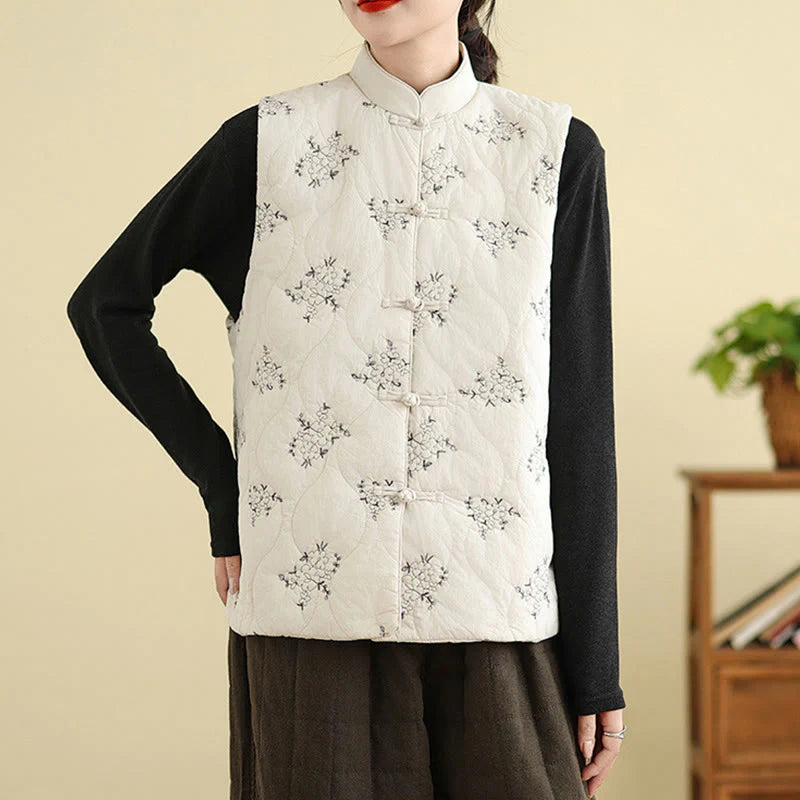 Buddha Stones Embroidered Frog-Button Women's Sleeveless Cotton Vest Waistcoat With Pockets