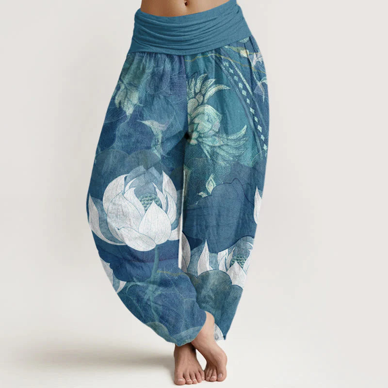 Buddha Stones Cotton White Lotus Leaves Pattern Casual Women's Elastic Waist Harem Pants