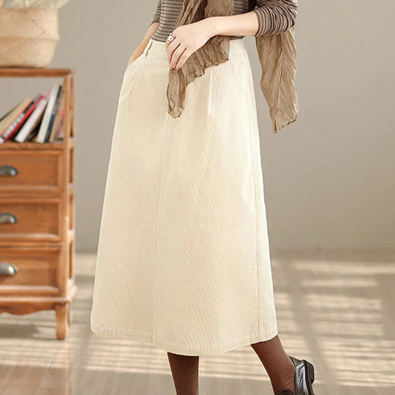 Buddha Stones Pure Color Elastic Waist Women's 7-8 Length Corduroy Skirt With Pockets