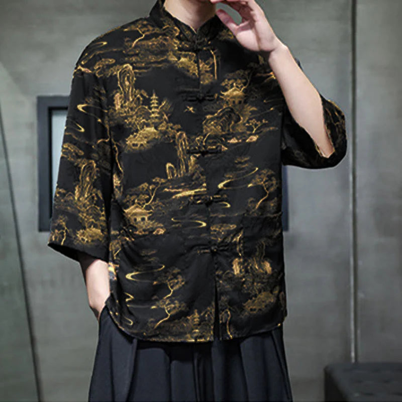 Buddha Stones Spring Frog-Button Dragon Mountain Flower Three Quarter Sleeve Tang Suit Men's Shirt With Pockets