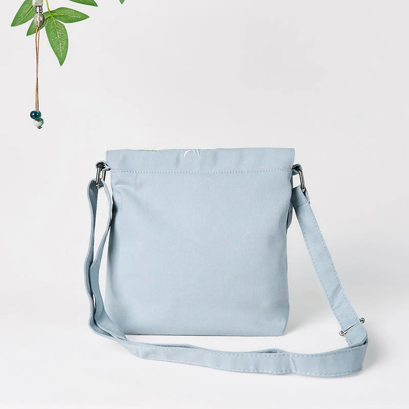 Buddha Stones Plain Embroidered LightBlue Epiphyllum Cotton Linen Crossbody Bag Shoulder Bag
