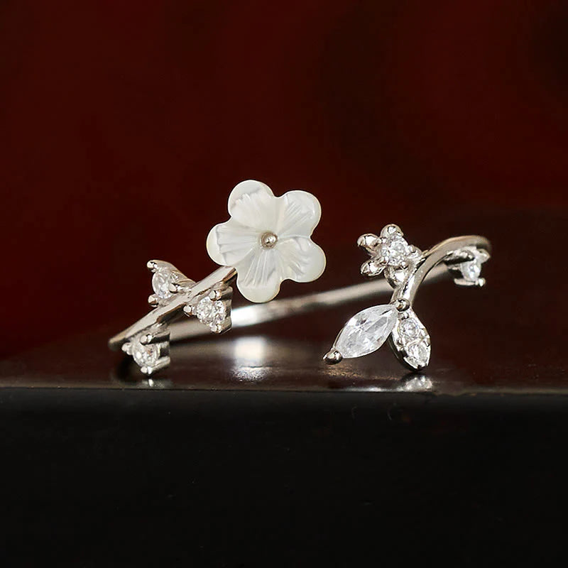 Buddha Stones 925 Sterling Silver White Flower Design Adjustable Blessing Ring