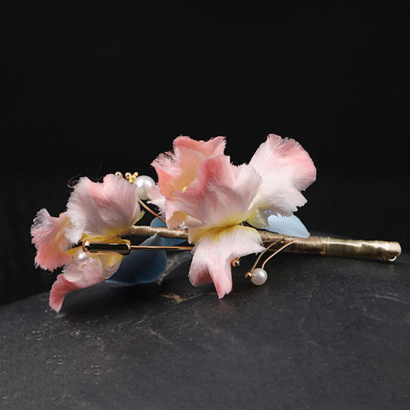 Buddha Stones Handcrafted Silk Art Pink Iris Flower Protection Brooch