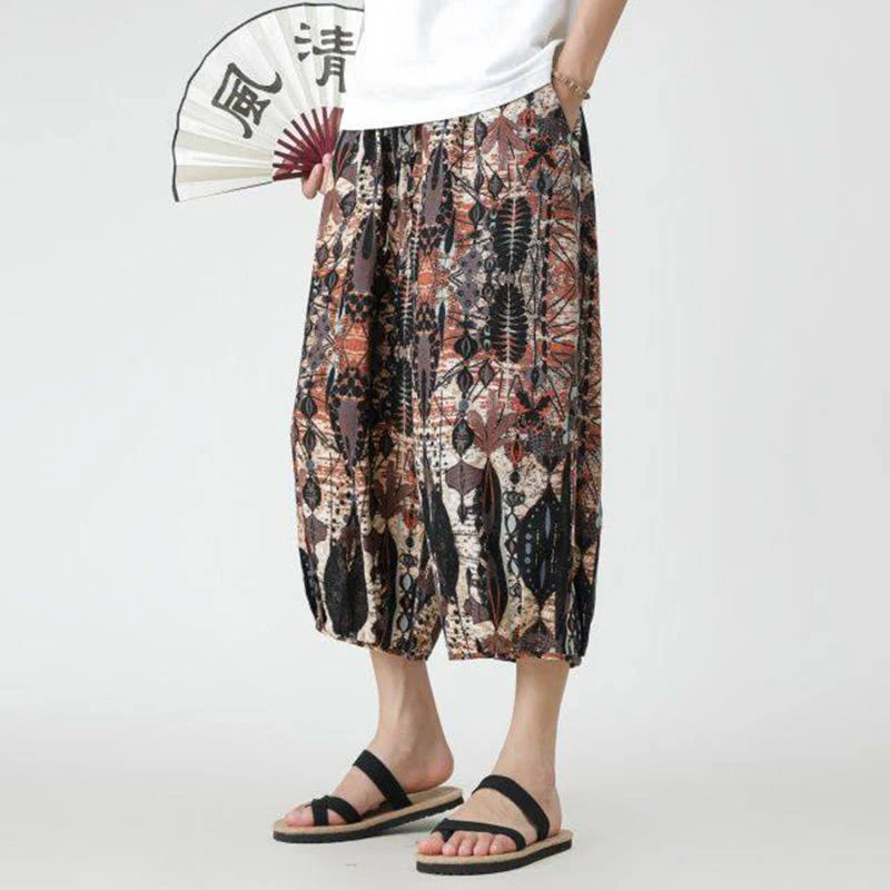 Buddha Stones Summer Square Patchwork Elephant Mandala Geometry Cotton Linen Men's 7-8 Length Pants With Pockets