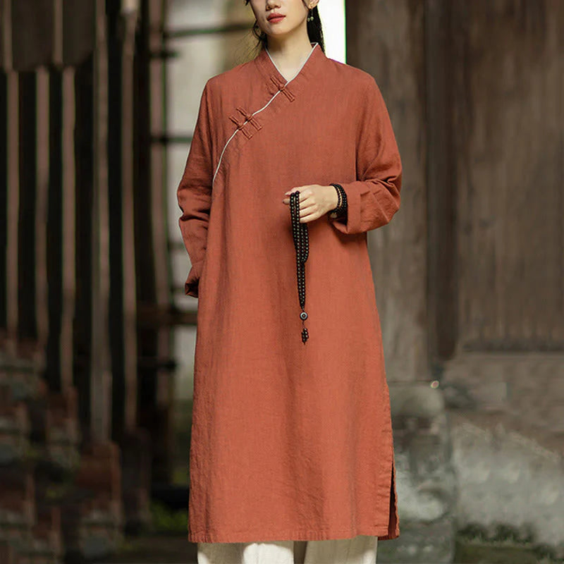 Buddha Stones Solid Frog-Button Long Sleeve Ramie Linen Midi Dress Cheongsam With Pockets