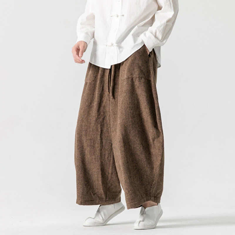 Buddha Stones Daily Solid Color Drawstring Design Men's Wide Leg Cotton Pants With Pockets