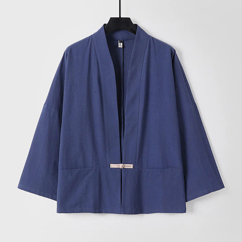 Buddha Stones Long Sleeve Buttons Design Men's Open Front Cotton Linen Jacket Kimono With Pockets