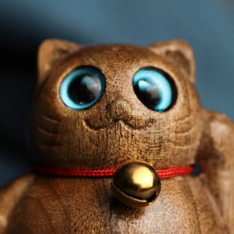 Buddha Stones Mini Lucky Cat Kitten Phoebe Zhennan Wood Blessing Decoration