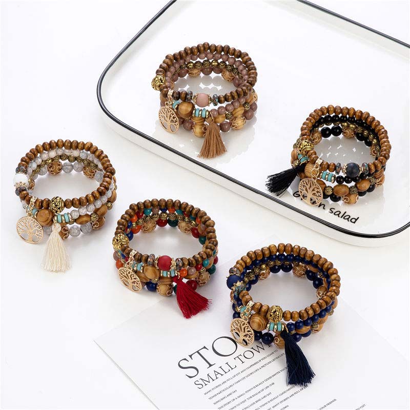 Buddha Stones Wenge Wood Layered Tree Tassel Healing Bracelet