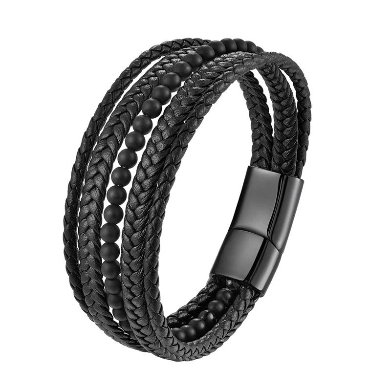 Buddha Stones Matte Frosting Black Onyx Leather Fortune Multilayered Braided Bracelet