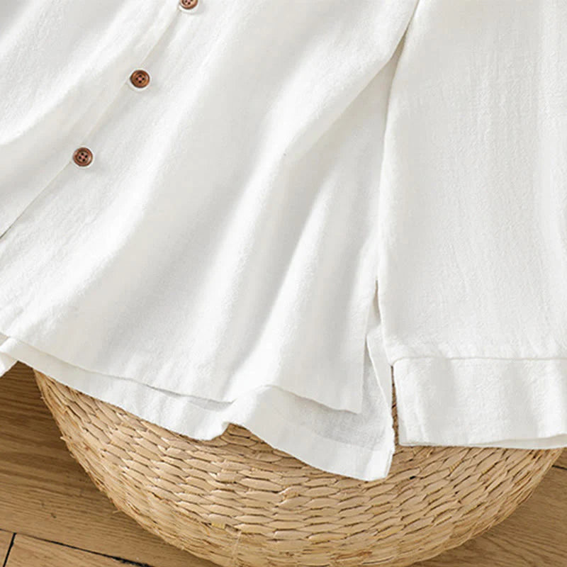 Buddha Stones Spring Solid Color Simple Hem Slit Design Cotton Linen Women's Shirt