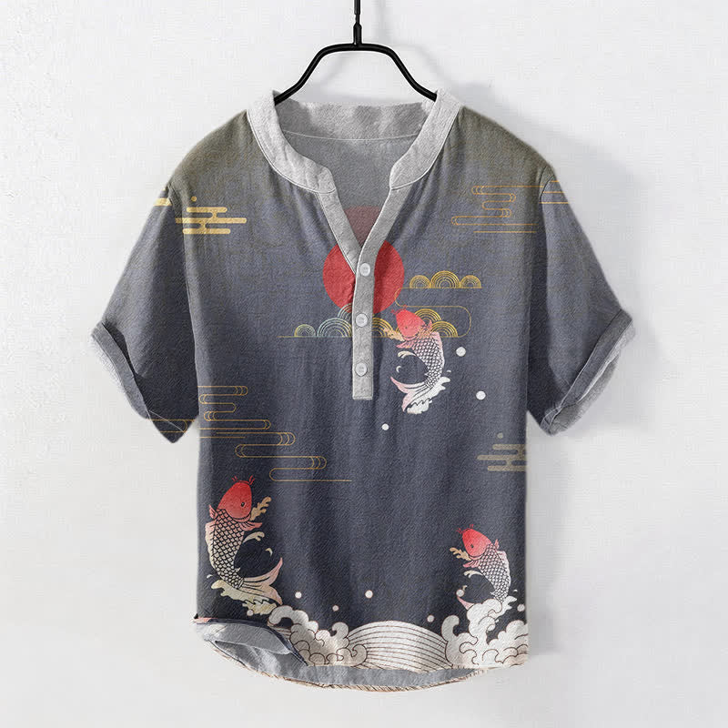 Buddha Stones Cotton Koi Fish Red Sun Cloud Emblem Men's Short Sleeve Half Button Shirt