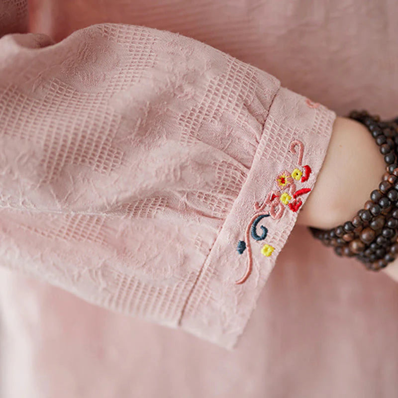 Buddha Stones Spring Plain Embroidered Flower Pattern Button Women's Long Sleeve Cotton Lapel Shirt