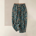 Buddha Stones Cotton Casual Flower Vine Leaves Pattern Women's Elastic Waist Pants With Pockets