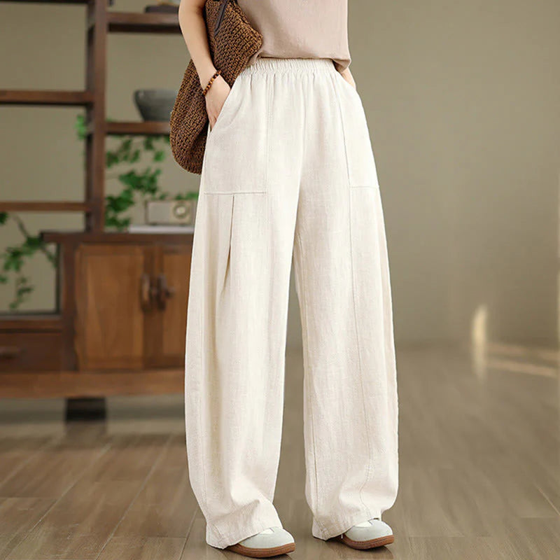 Buddha Stones Solid Color Cotton Linen Women's Straight Leg Pants With Pockets