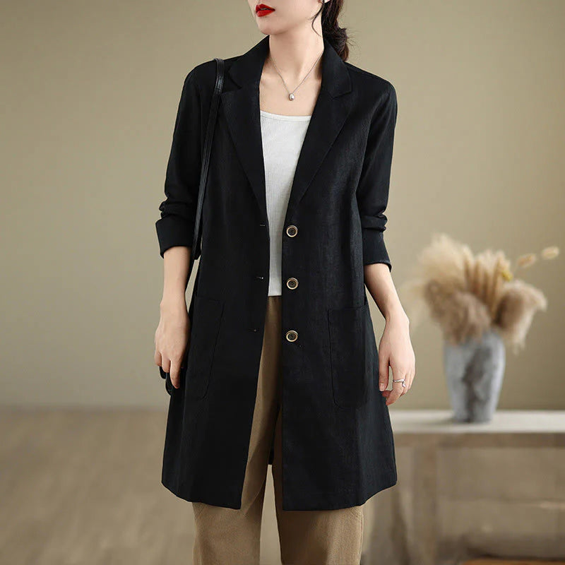 Buddha Stones Casual Fall Buttons Design Lapel Women's Cotton Linen Coat With Pockets