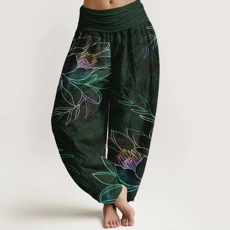 Buddha Stones Cotton Neon Lotus Branches Pattern Women's Elastic Waist Harem Pants