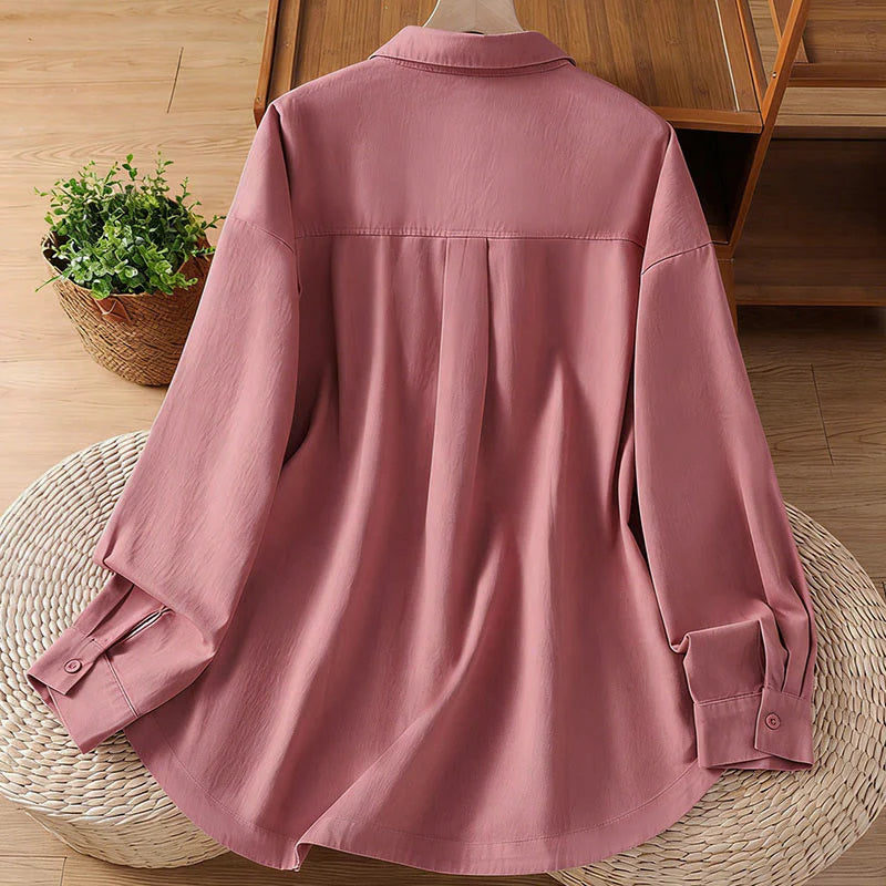 Buddha Stones Spring Plain Lapel Long Sleeve Women's Cotton Shirt With Pockets