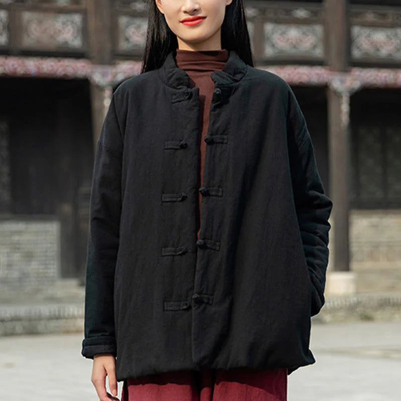 Buddha Stones Winter Solid Frog-Button Long Sleeve Cotton Women's Thermal Jacket With Pockets
