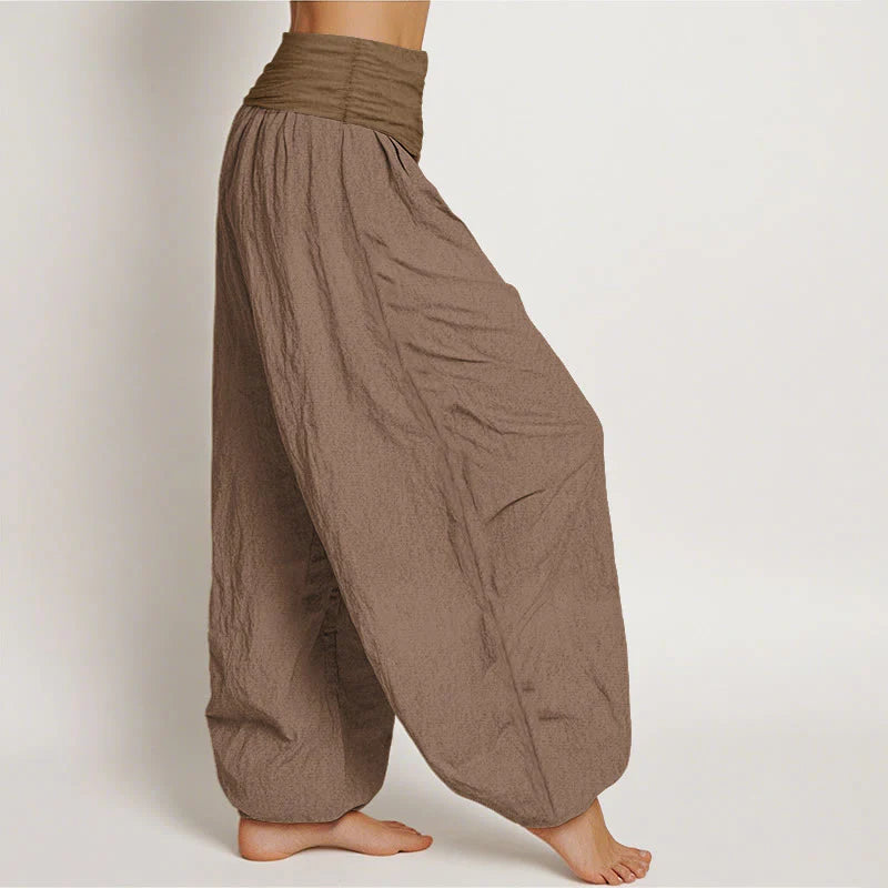 Buddha Stones Pure Cotton Plain Tan Women's Elastic Waist Harem Pants