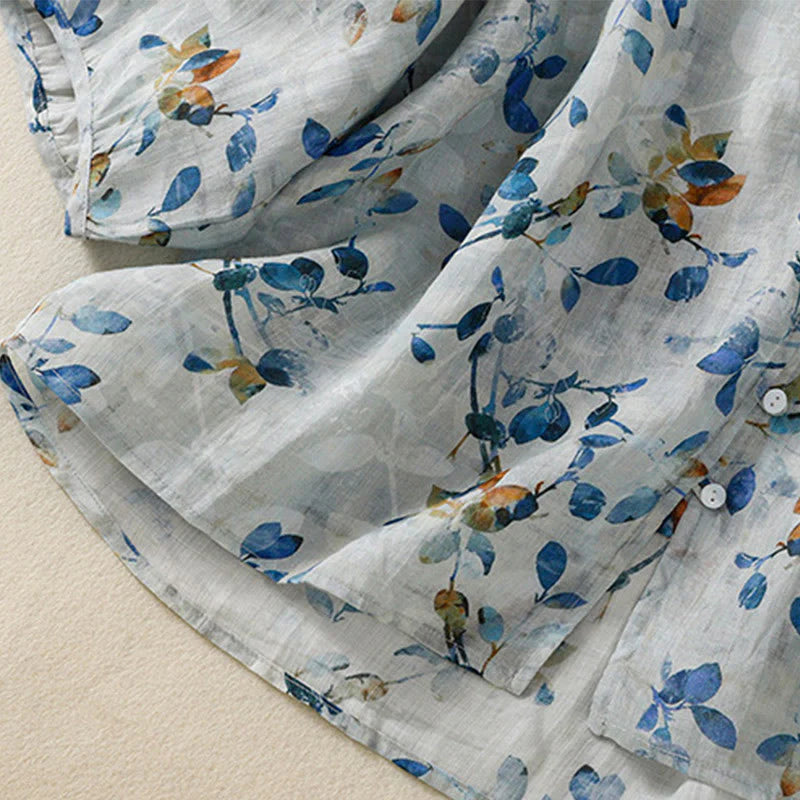 Buddha Stones Blue Floral V-Neck Three Quarter Sleeve Women's Cotton Shirt