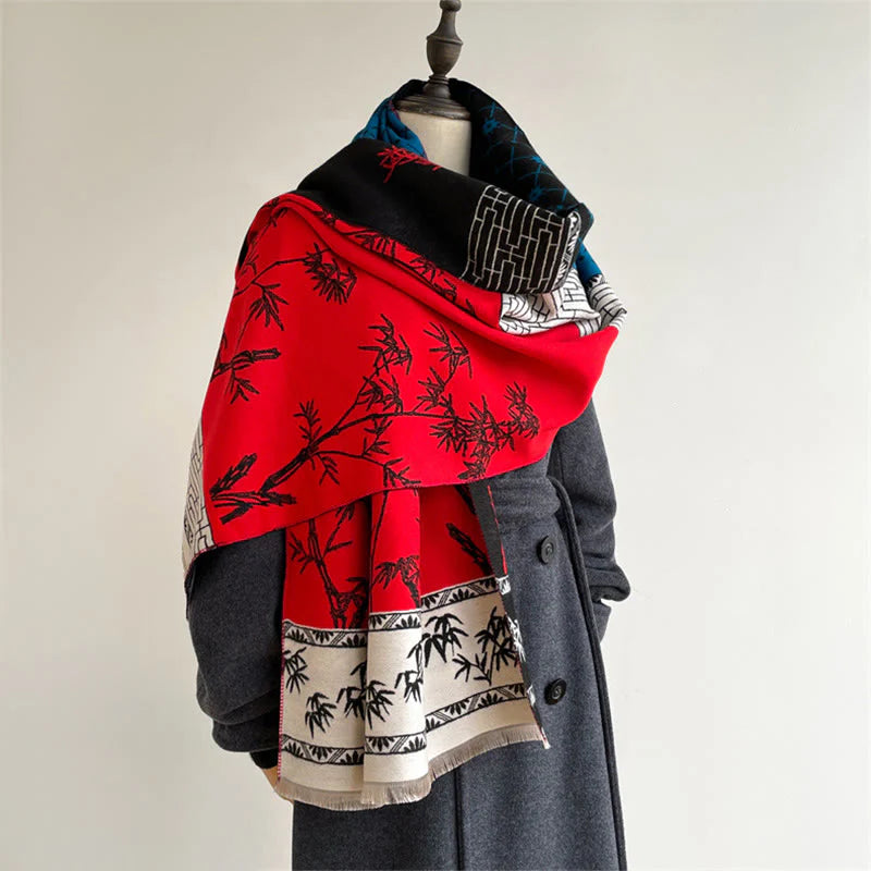 Buddha Stones Winter Bamboo Leaf Little Bird Pattern Cozy Scarf Shawl