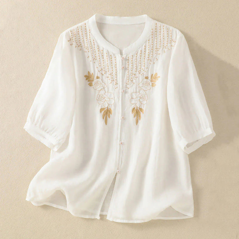 Buddha Stones Rose Floral Embroidery Button Half Sleeve Women's Cotton Shirt