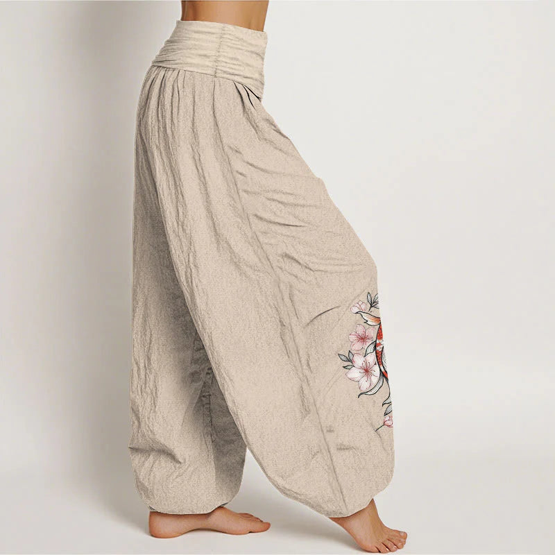 Buddha Stones Cotton Koi Fish Pink Peach Blossoms Pattern Women's Elastic Waist Harem Pants