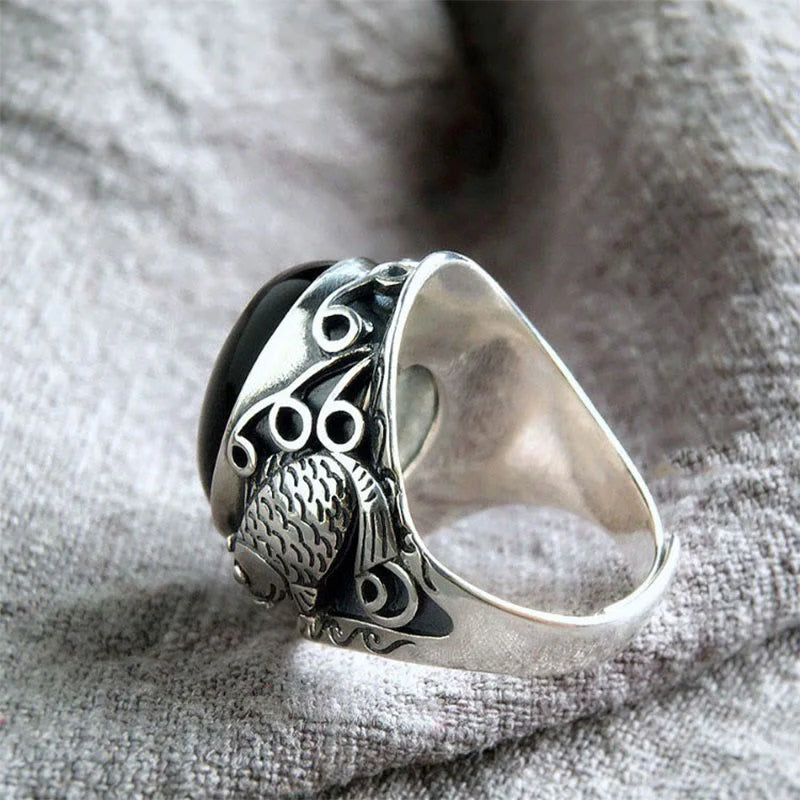 Buddha Stones Black Obsidian Koi Fish Symbol Strength Adjustable Ring