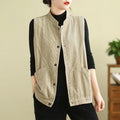 Buddha Stones Plain Sleeveless Women's Cotton Vest Corduroy Waistcoat With Pockets