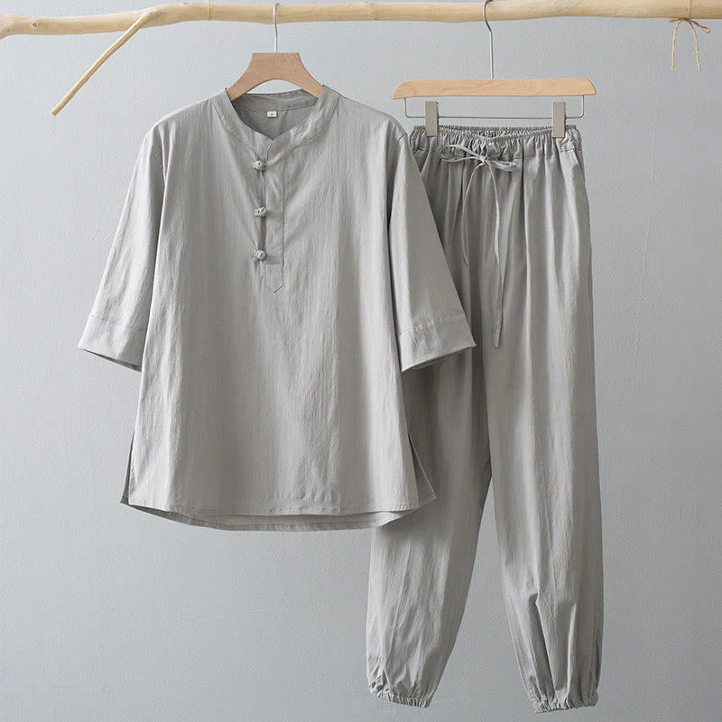 Buddha Stones Frog-Button Three Quarter Sleeve Shirt Pants Men's Suit