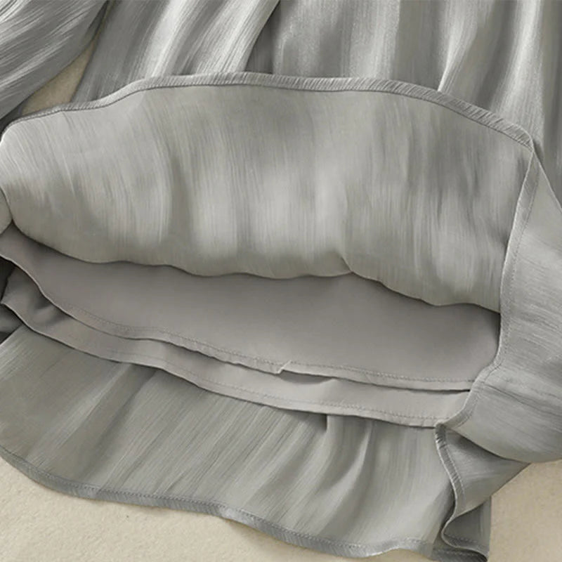 Buddha Stones Light Gray Pleated Design Elastic Waist Women's Wide Leg Pants With Pockets