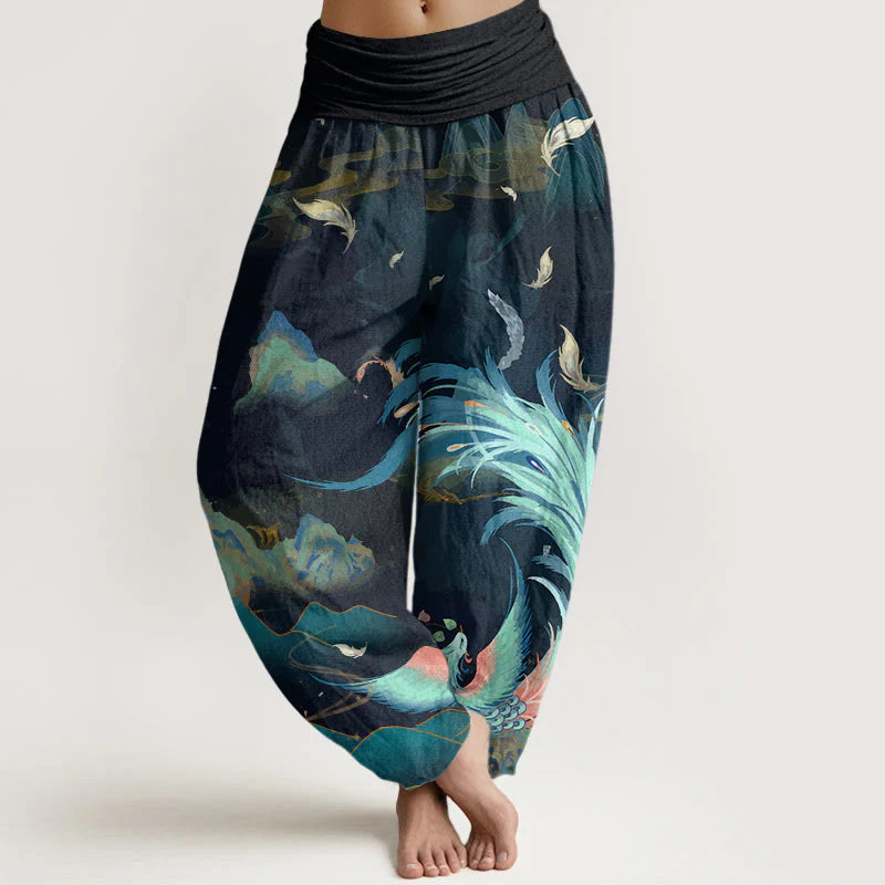 Buddha Stones Cotton Phoenix Mountain Cloud Pattern Women's Elastic Waist Harem Pants