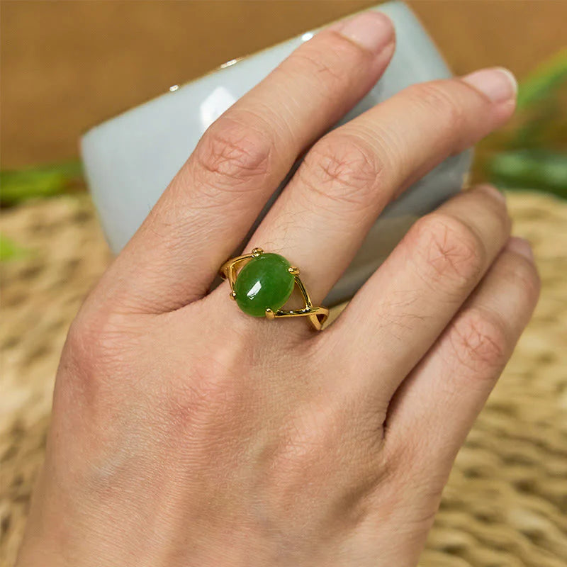 Buddha Stones Natural Jade Alloy Adjustable Buckle Abundance Ring