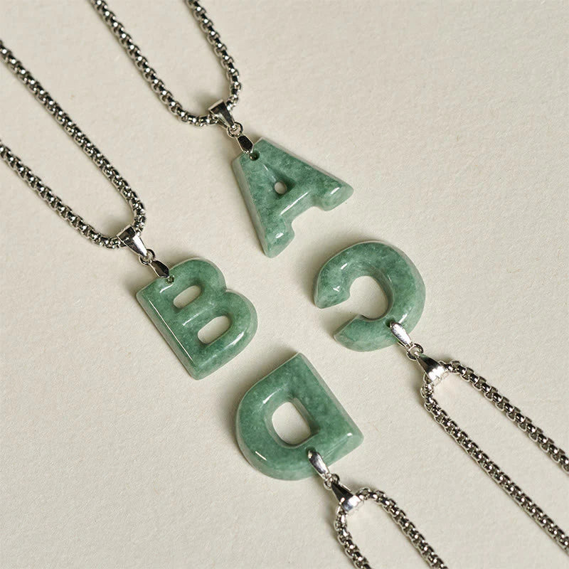 Buddha Stones Natural A-Z Letter Jade Titanium Steel Wide Chain Prosperity Necklace Pendant