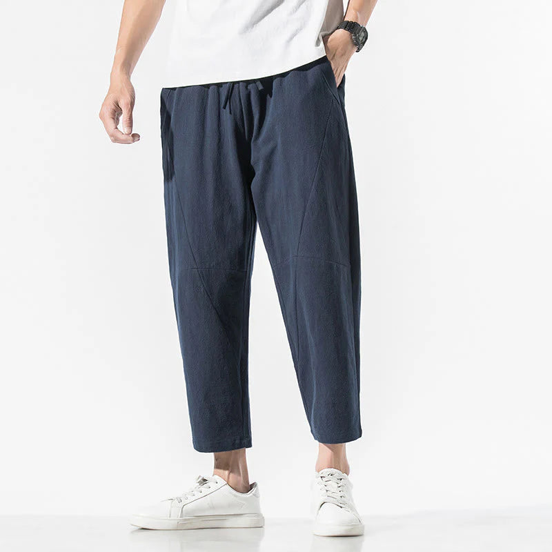 Buddha Stones Vintage Jacquard Solid Color Drawstring Cotton Linen Men's Harem Pants With Pockets