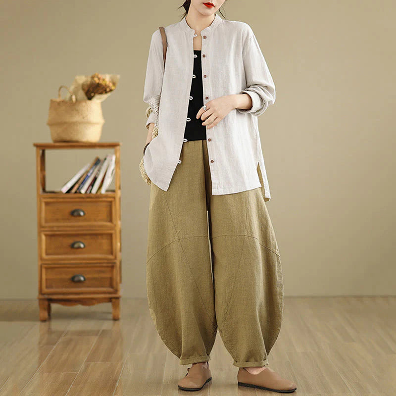 Buddha Stones Solid Color Front Buttons Design Long Sleeve Women's Cotton Linen Shirt