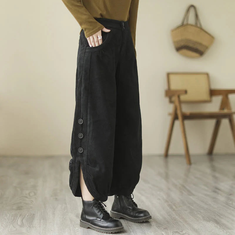 Buddha Stones Casual Buttons Leg Opening Design Women's Cotton Corduroy Pants With Pockets