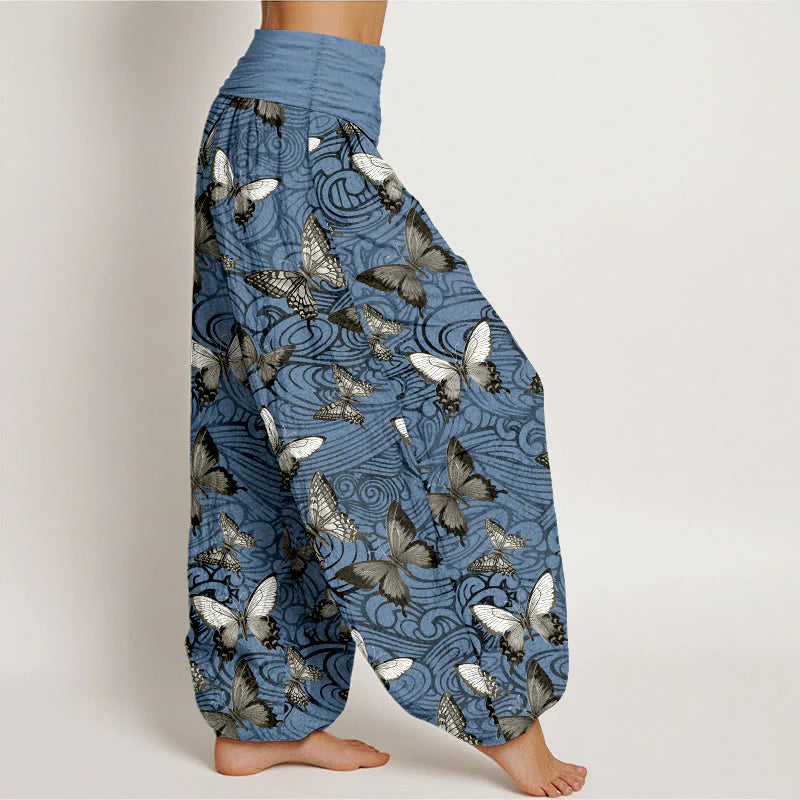 Buddha Stones Pure Cotton Gray Black Butterfly Striped Women's Elastic Waist Harem Pants