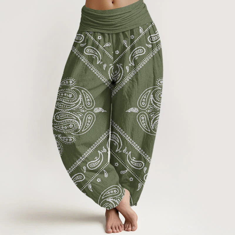 Buddha Stones Cotton Casual Floral Leaf Paisley Pattern Women's Elastic Waist Harem Pants