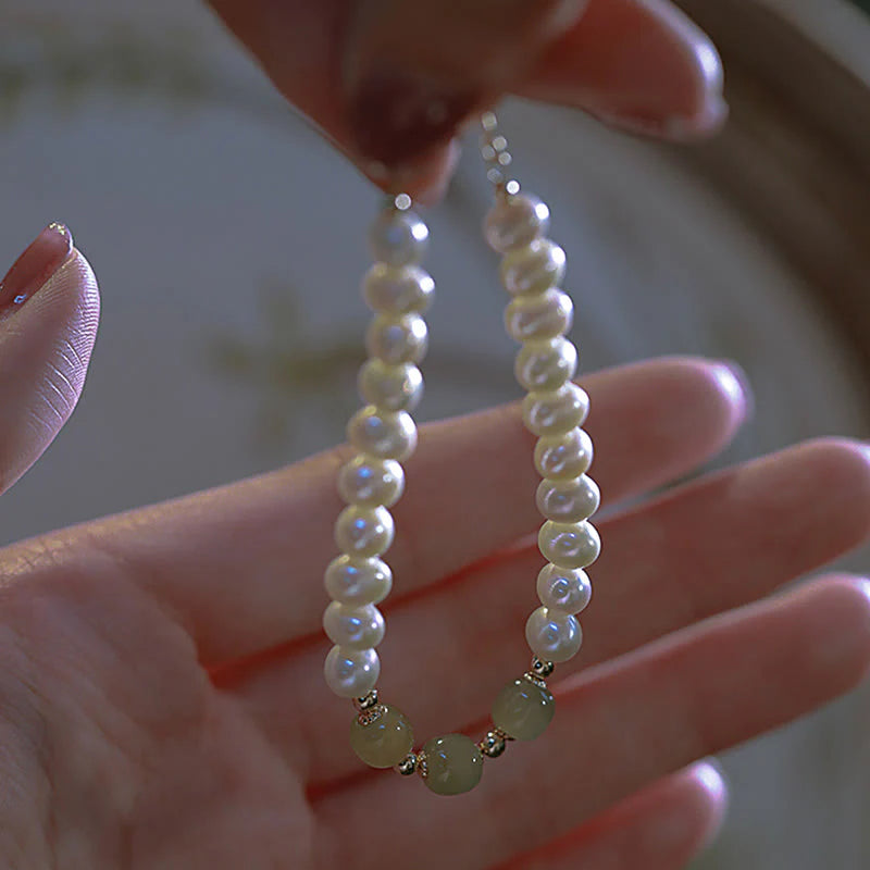 Buddha Stones 14K Gold Plated Natural Pearl Hetian Cyan Jade White Jade Sincerity Bead Chain Bracelet