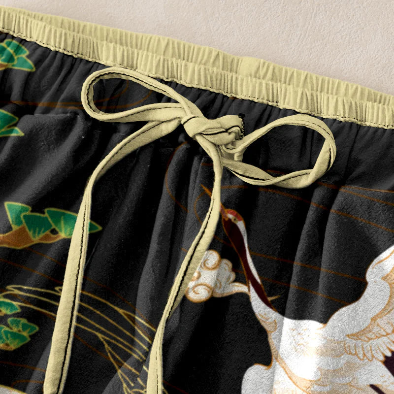 Buddha Stones Cotton Casual Flying Cranes Auspicious Clouds Tree Women's Elastic Waist Pants With Pockets