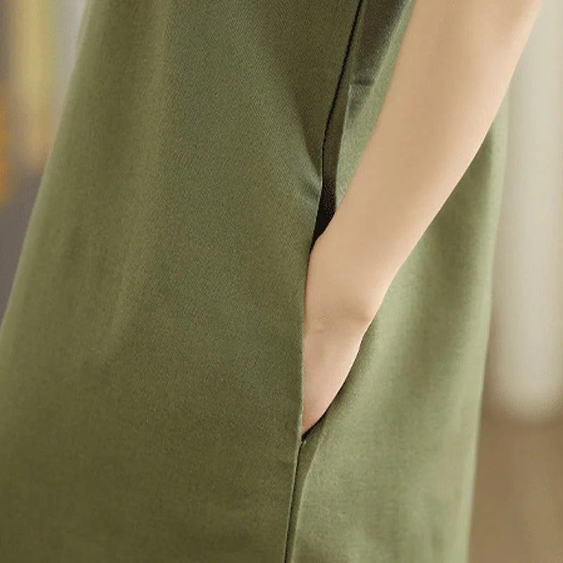Buddha Stones Casual Plain Color Button Back Design Sleeveless Cotton Linen Midi Dress With Pockets
