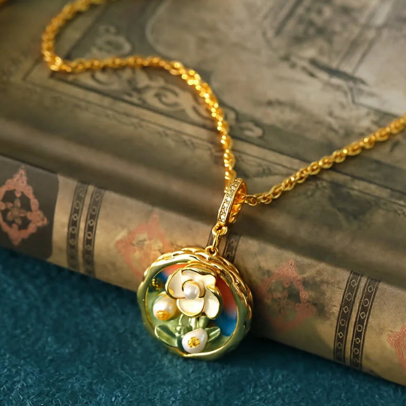 Buddha Stones Retro Round Oil Painting Flower Design Copper Wealth Necklace Pendant