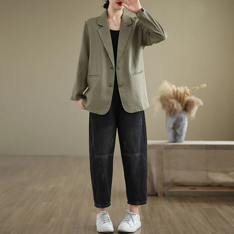 Buddha Stones Spring Solid Color Long Sleeve Cotton Linen Women's Jacket With Pockets