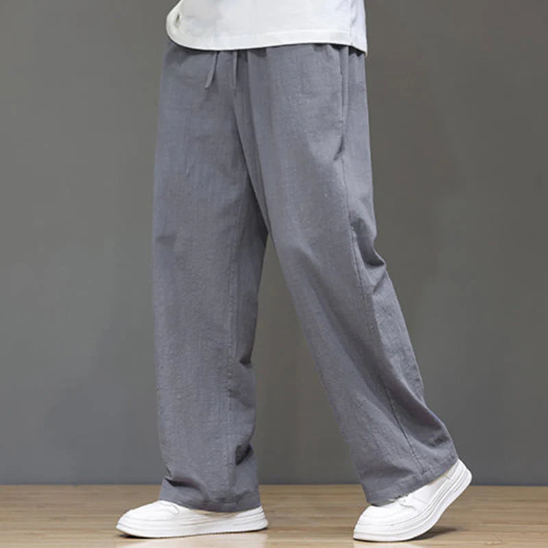 Buddha Stones Summer Men's Cotton Linen Straight Leg Pants With Pockets