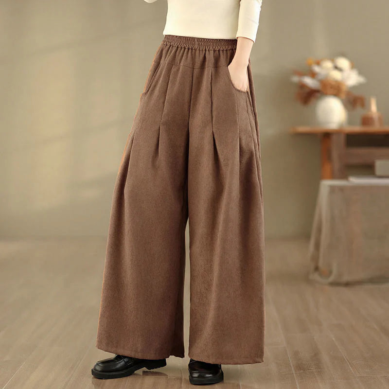 Buddha Stones Spring Plain Brown Corduroy Women's Wide Leg Pants With Pockets