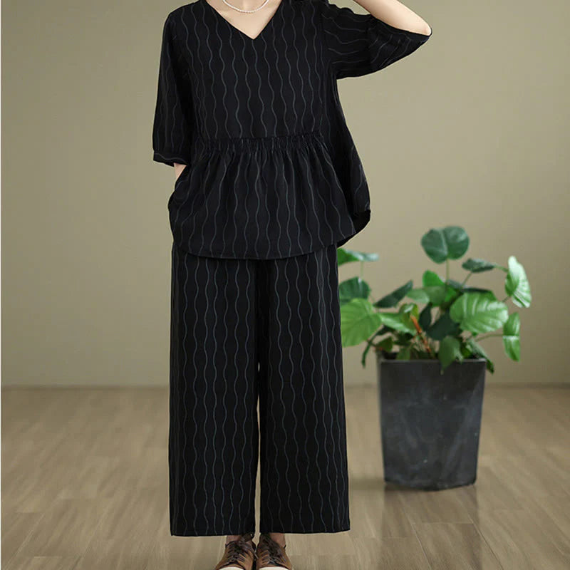 Buddha Stones 2pcs Striped Pattern Short Sleeve Shirt Polyester 7 Length Harem Pants Set With Pocket